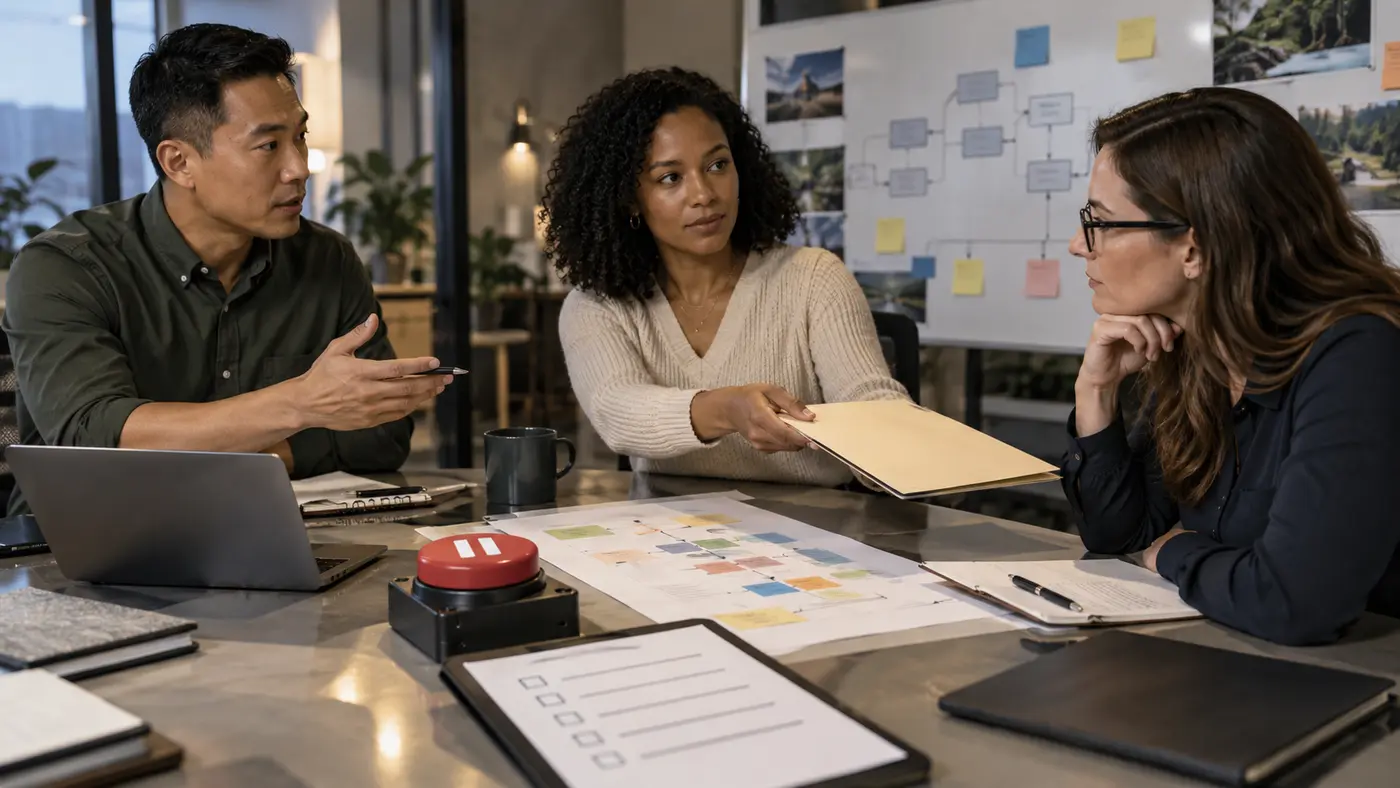 Marketing operations team rehearsing a safe shutdown and handoff for an agent-assisted workflow.