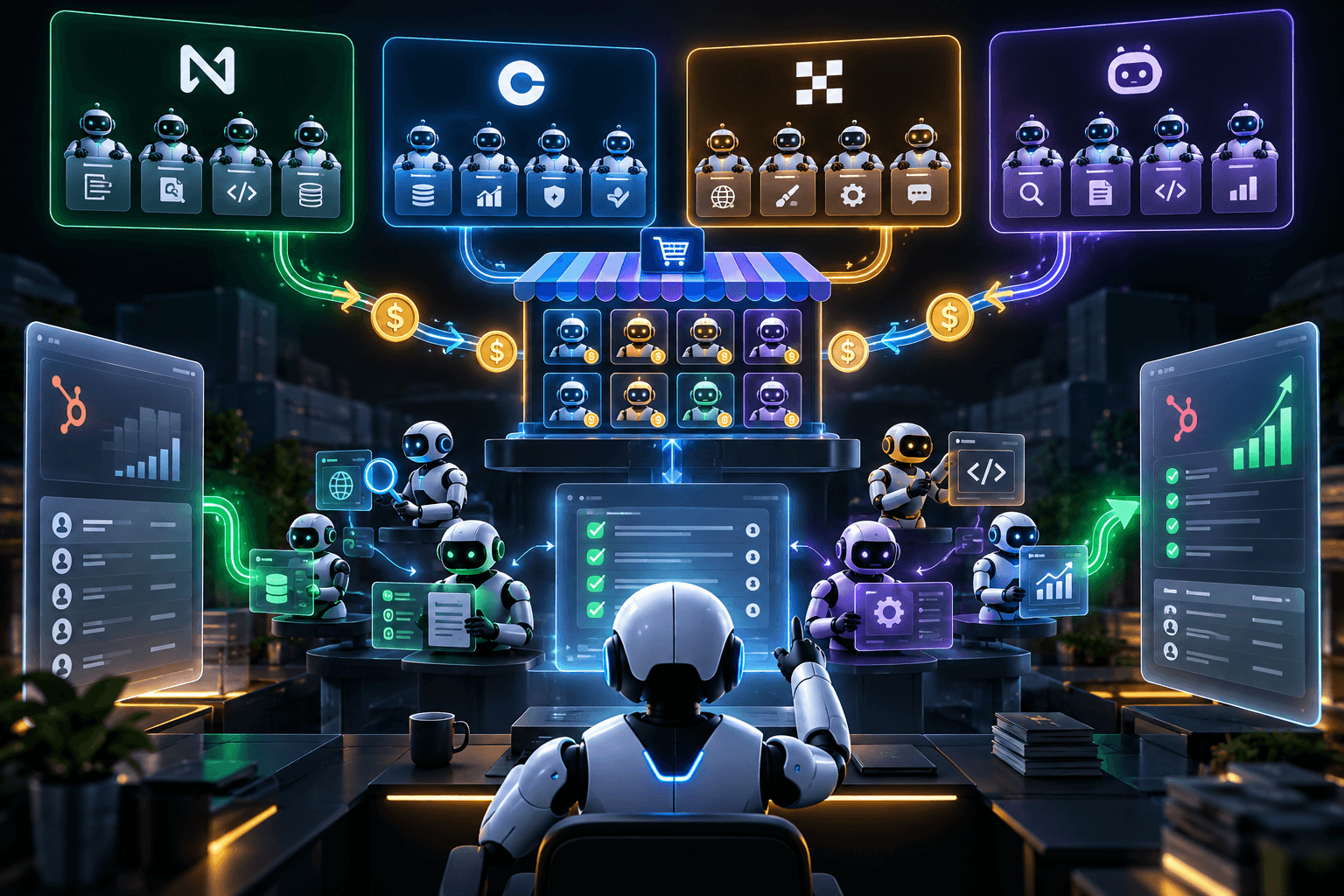 Futuristic autonomous agent labor marketplace with specialized AI workers coordinating jobs, payments and business operations through a machine-native network.