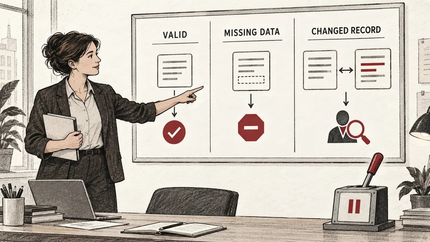 Operator reviewing valid, missing-data and changed-record test cases before an API release
