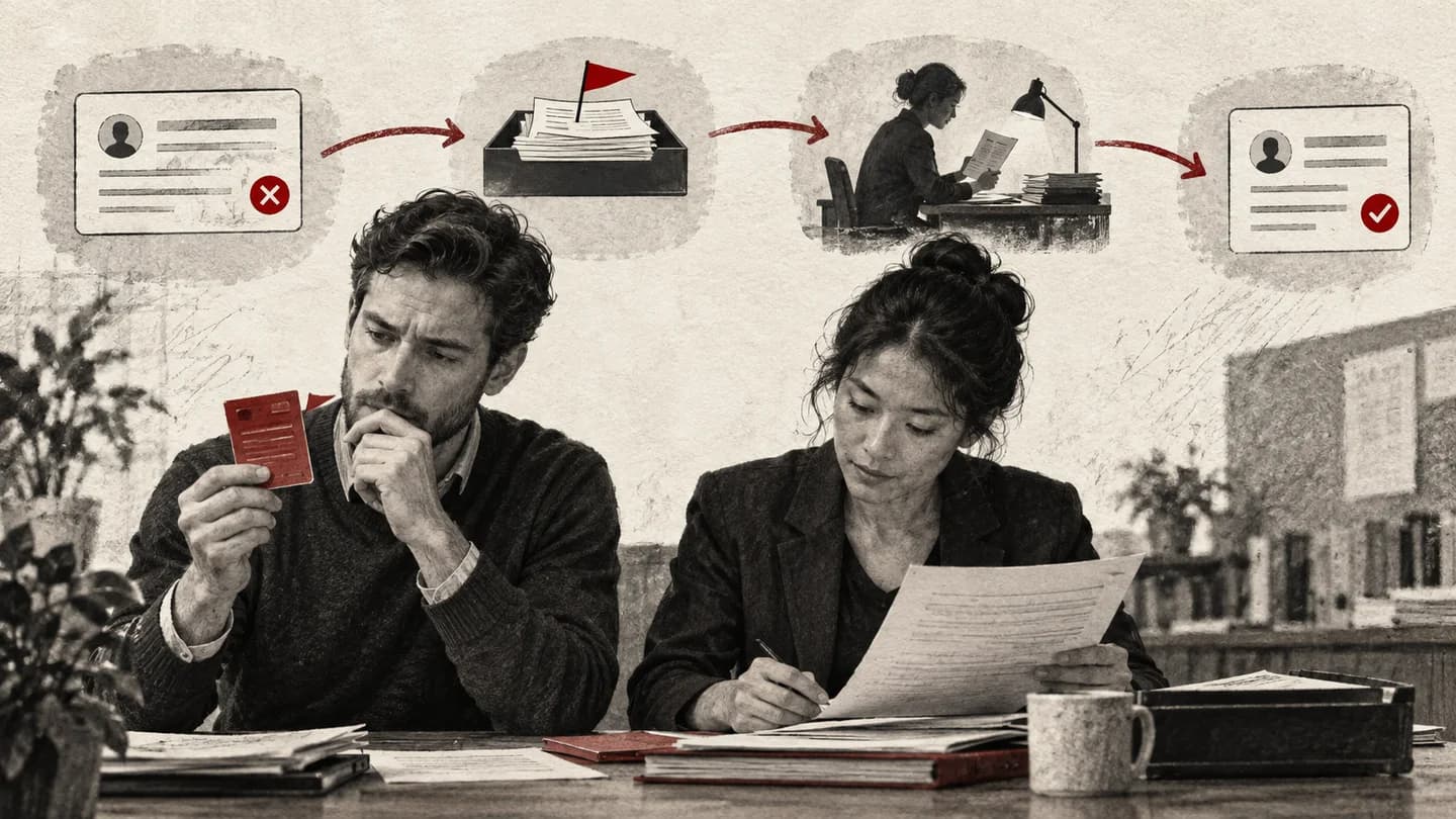 Two operations professionals reviewing a rejected CRM change, with an exception queue leading to evidence review and a corrected record