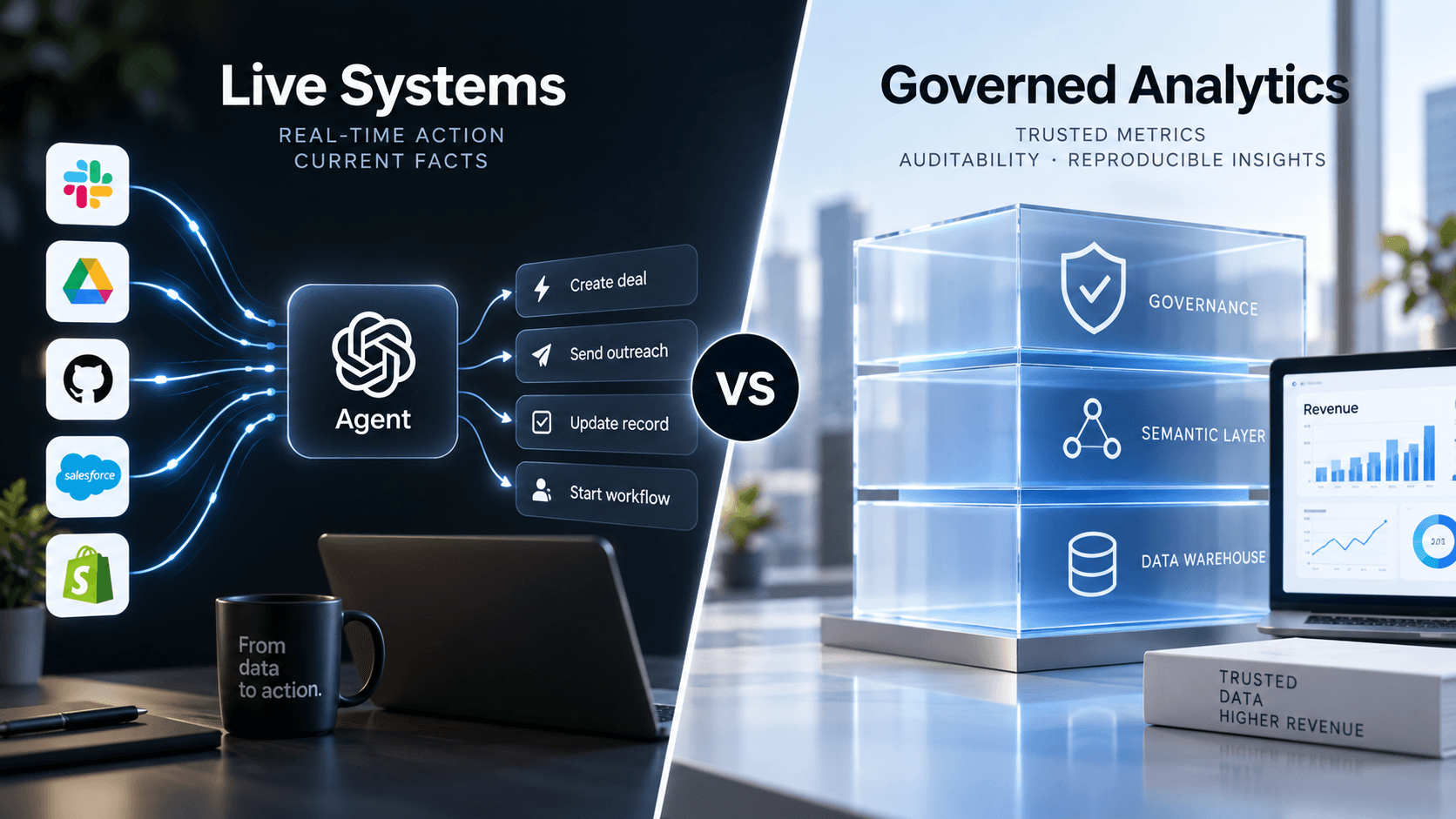 Live operational systems and direct agent actions compared with a governed analytics layer built for trusted, reproducible revenue insights.