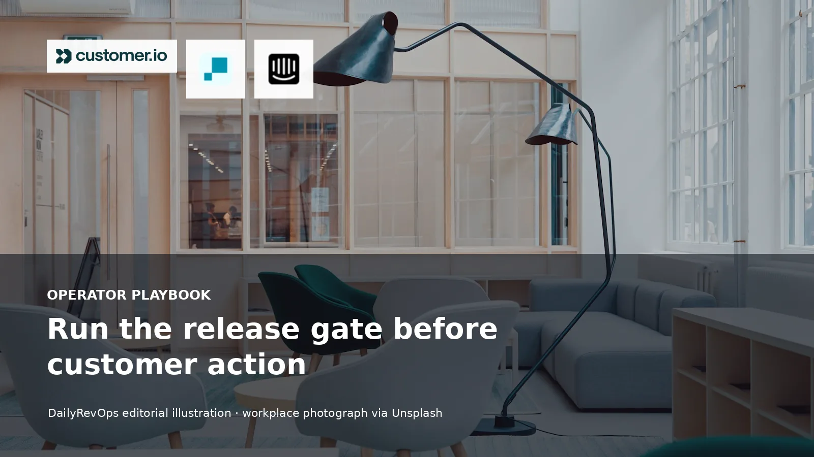 Operations team reviewing a GTM release gate with official Customer.io, Hightouch and Intercom logo assets.