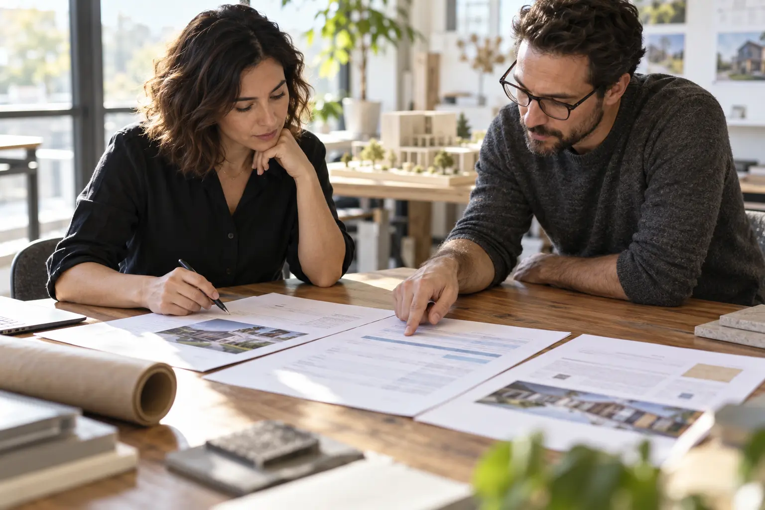 Two professional services operators review a printed project scope and proposal, with one pointing to estimate details.