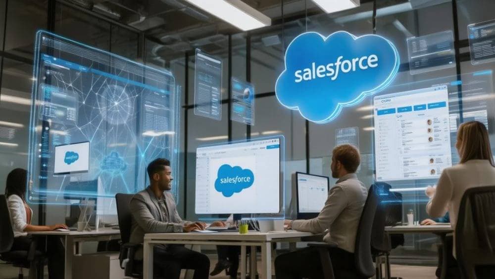 SaaStr source artwork showing people working in a Salesforce office for its article about AI agents and shared CRM systems