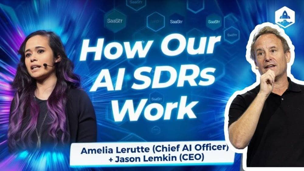 SaaStr source artwork reading How Our AI SDRs Work with Amelia Lerutte and Jason Lemkin