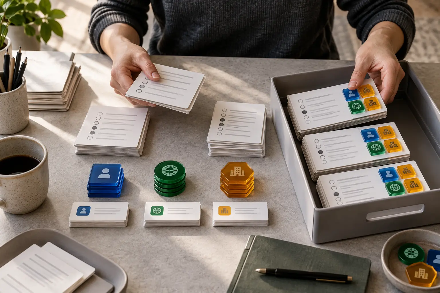 An analyst organizes paper survey responses with colored person, country and account context tokens into an export tray.