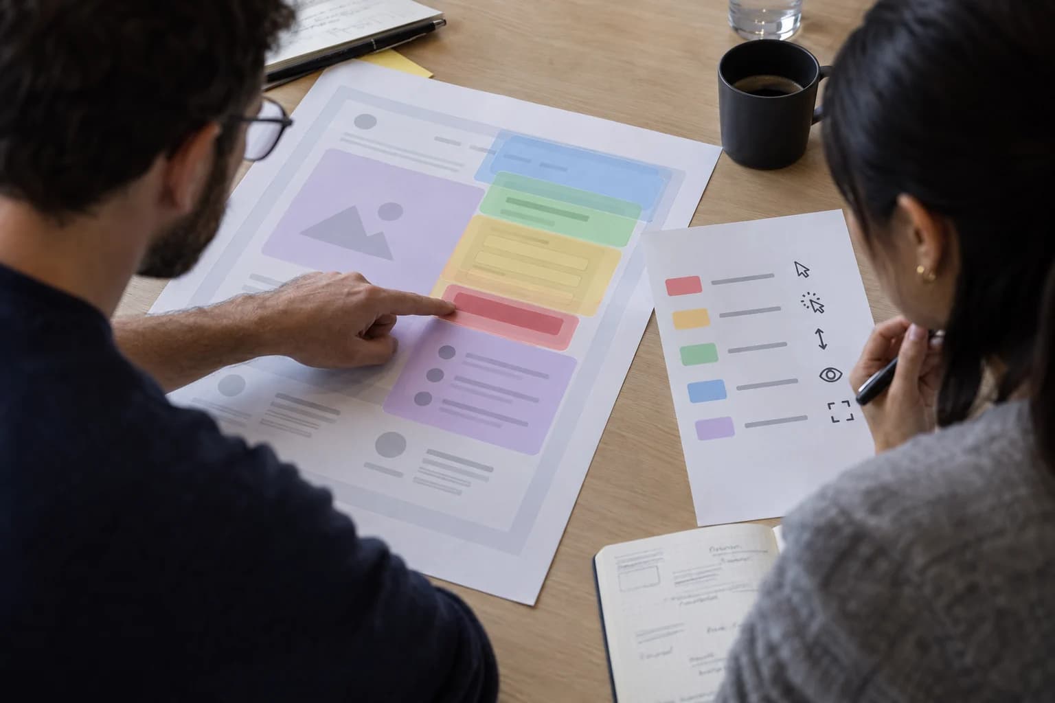 Two analysts review a printed signup-page layout with translucent colored interaction zones and an adjacent event legend.