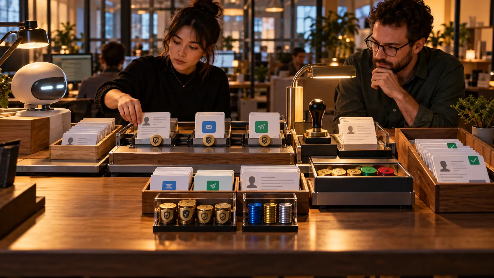 Two revenue operators review prospect cards moving from an assistant station through permission tokens and credit counters to a verified record tray.