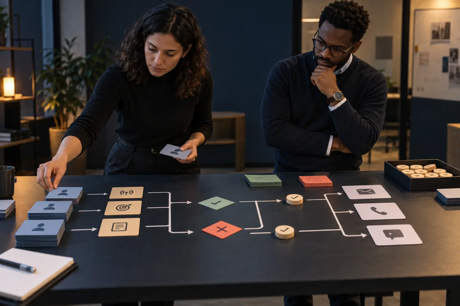 Two revenue operations professionals arrange physical account, signal, approval and outreach-channel cards into a governed workflow.