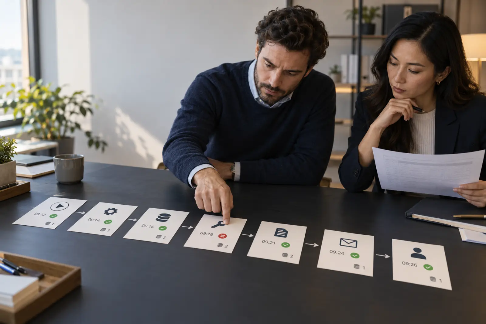 Two operations professionals inspect a row of workflow cards with timestamps, change symbols, success markers and one failed step.