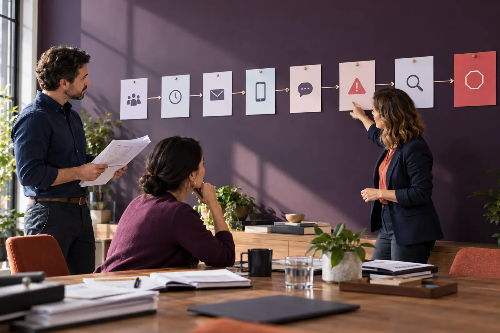 Three lifecycle operators review a physical journey sequence with audience, delay, messaging, alert, investigation and stop-control cards.