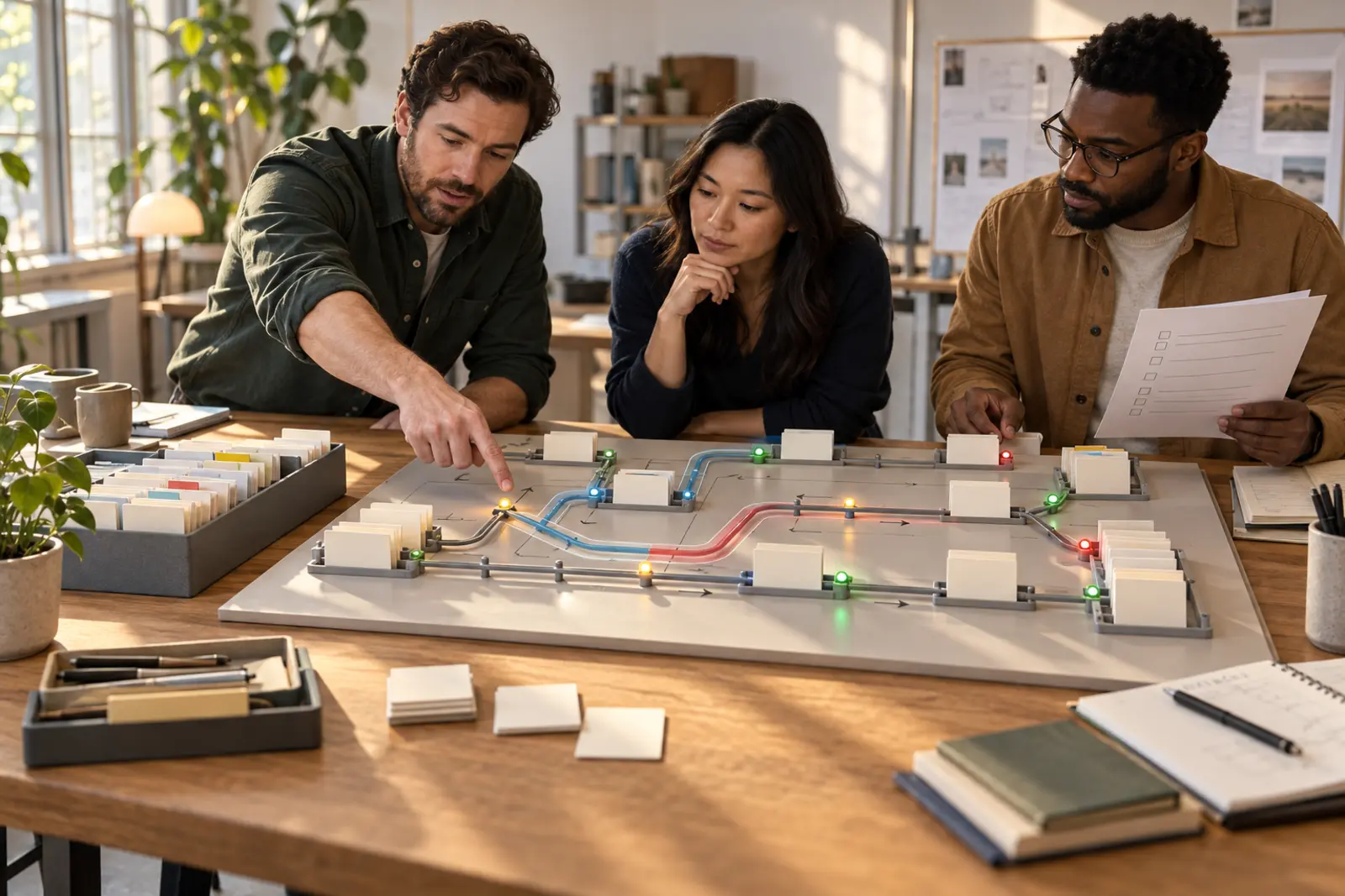 Three operations specialists inspect a physical branching workflow board with account cards, route lights and a release checklist.