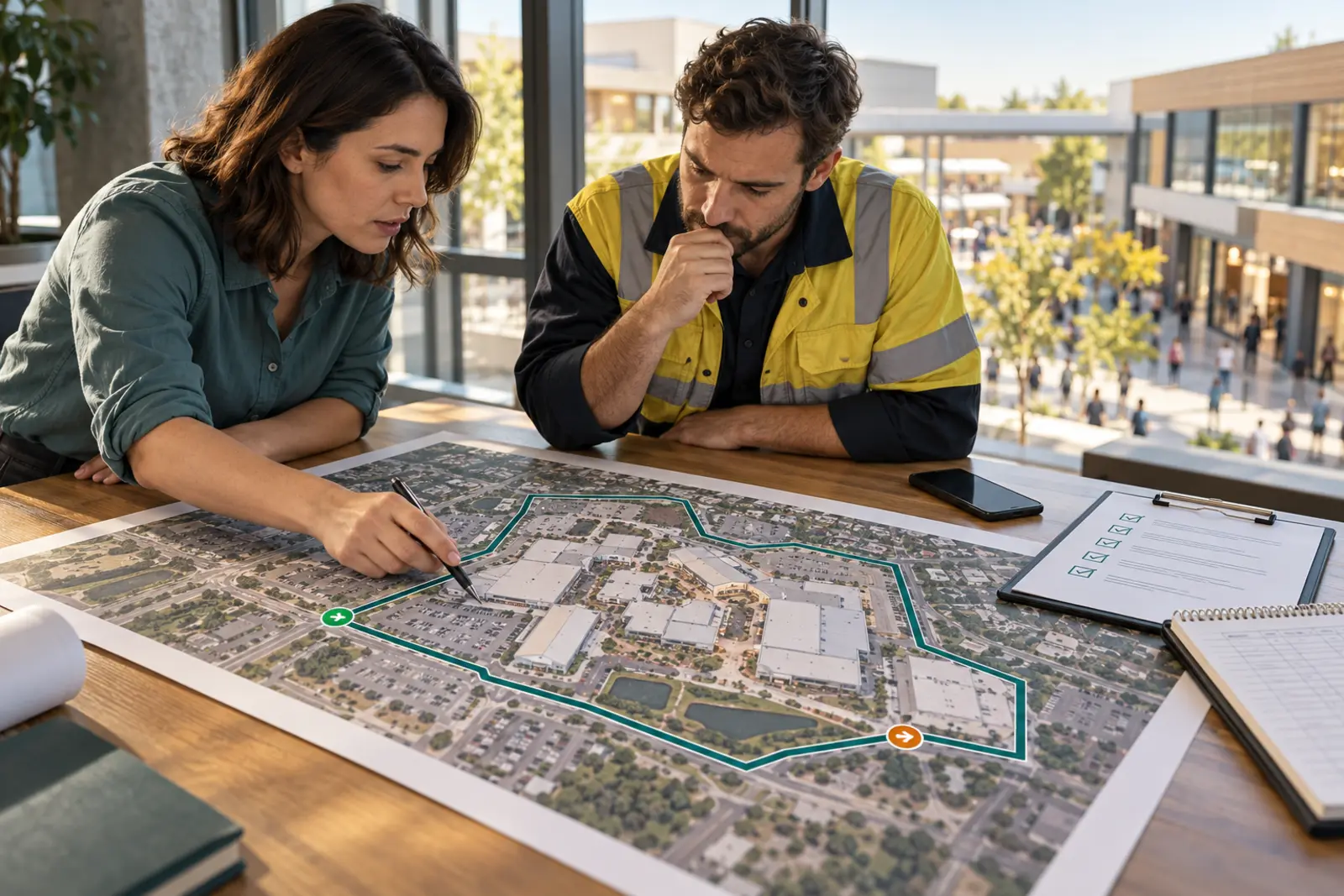 A lifecycle analyst and site engineer review an aerial venue map marked with an irregular polygon boundary and entry and exit markers.