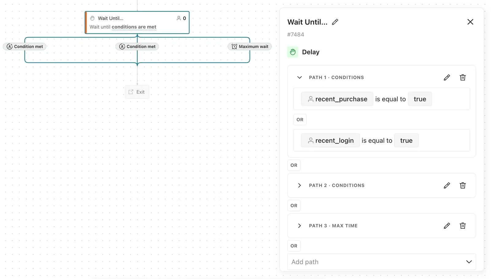 Official Customer.io screenshot showing nested Wait Until paths and conditions