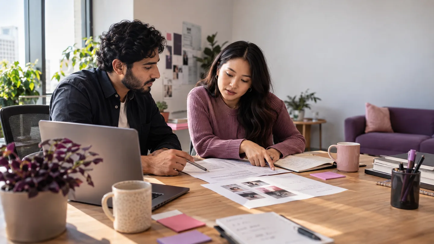 Editorial illustration of a data engineer and marketer reviewing a customer data mapping.