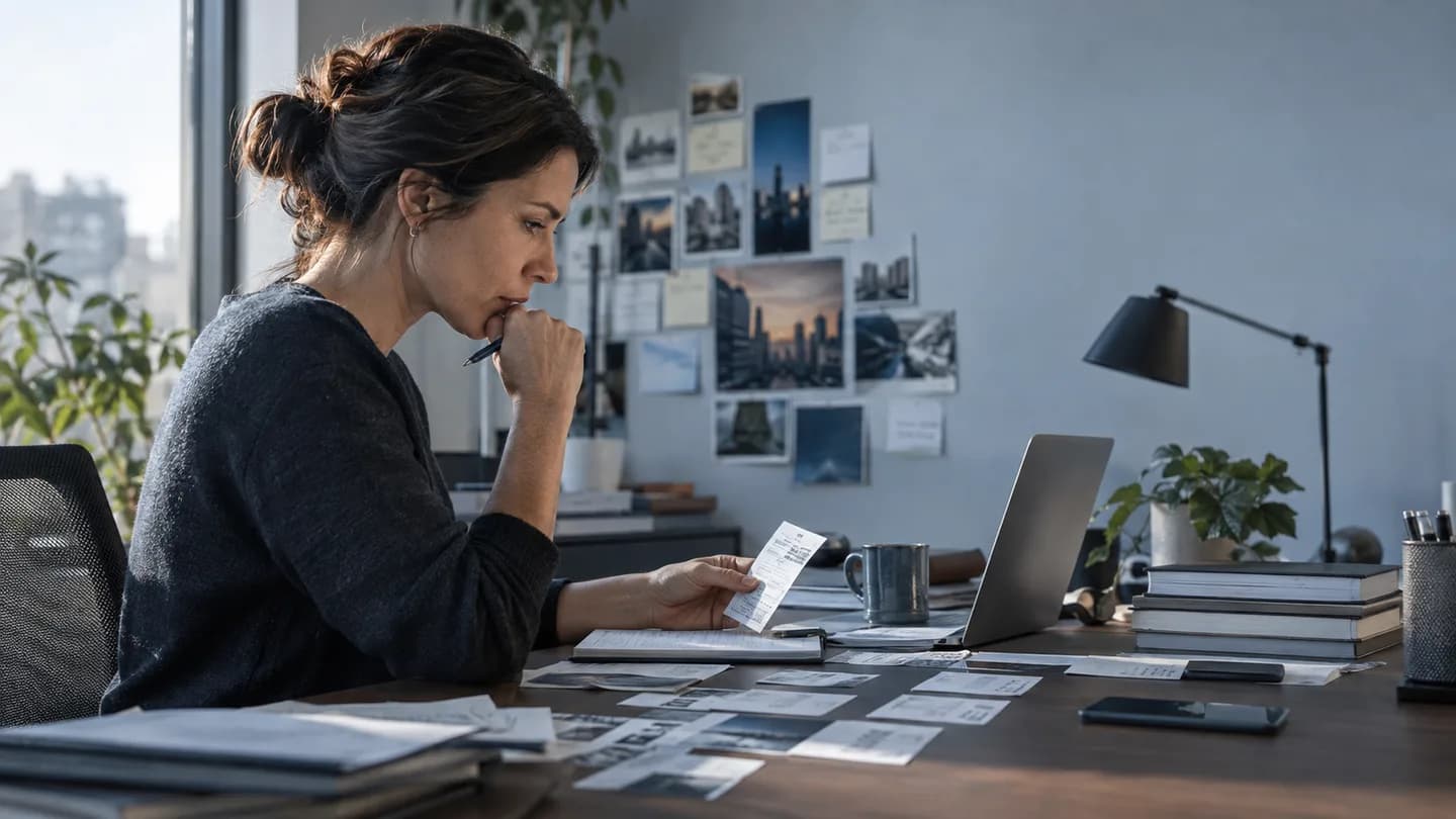 Editorial illustration of a revenue operations analyst reviewing a sequence of record changes.