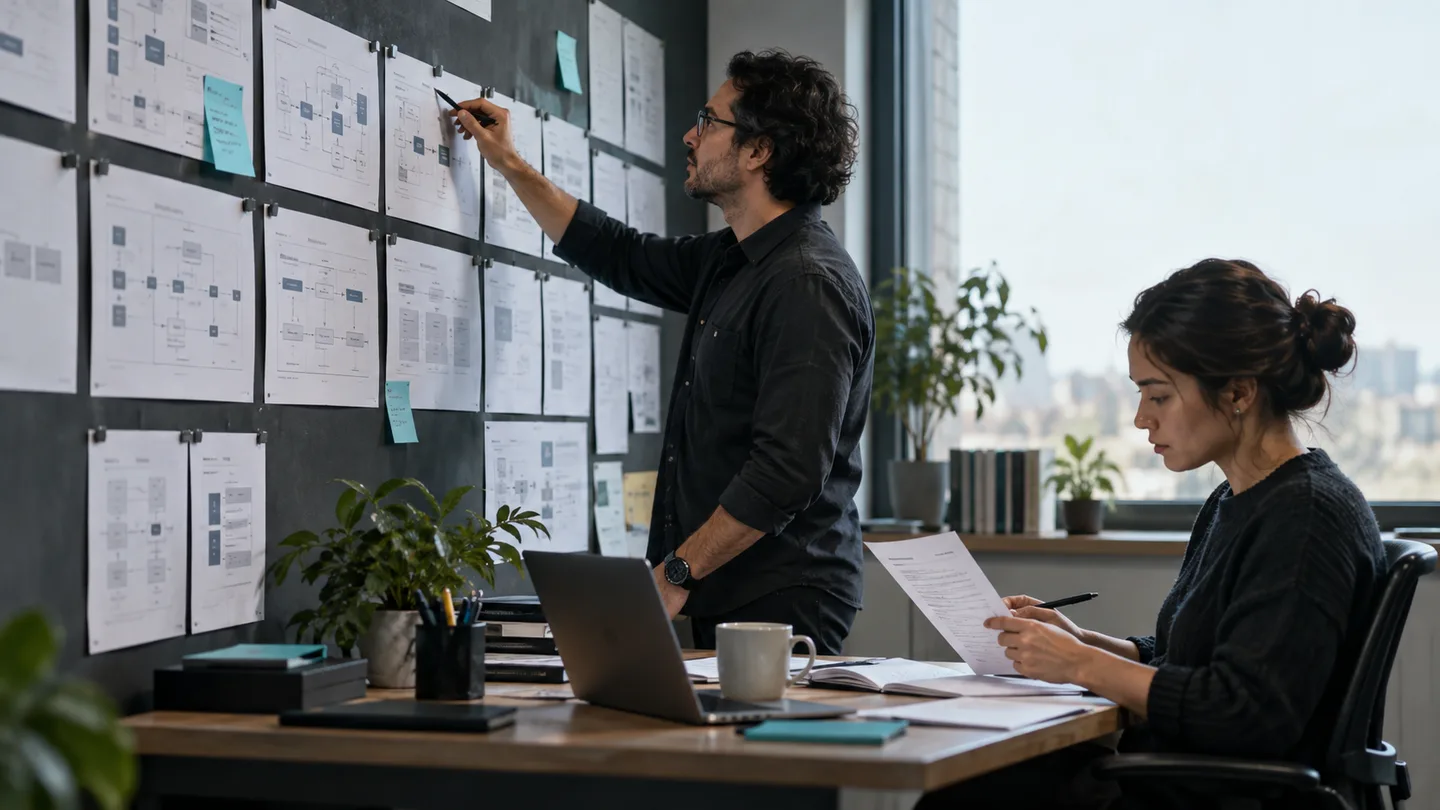 Editorial illustration of integration engineers reviewing a process and its checklist.
