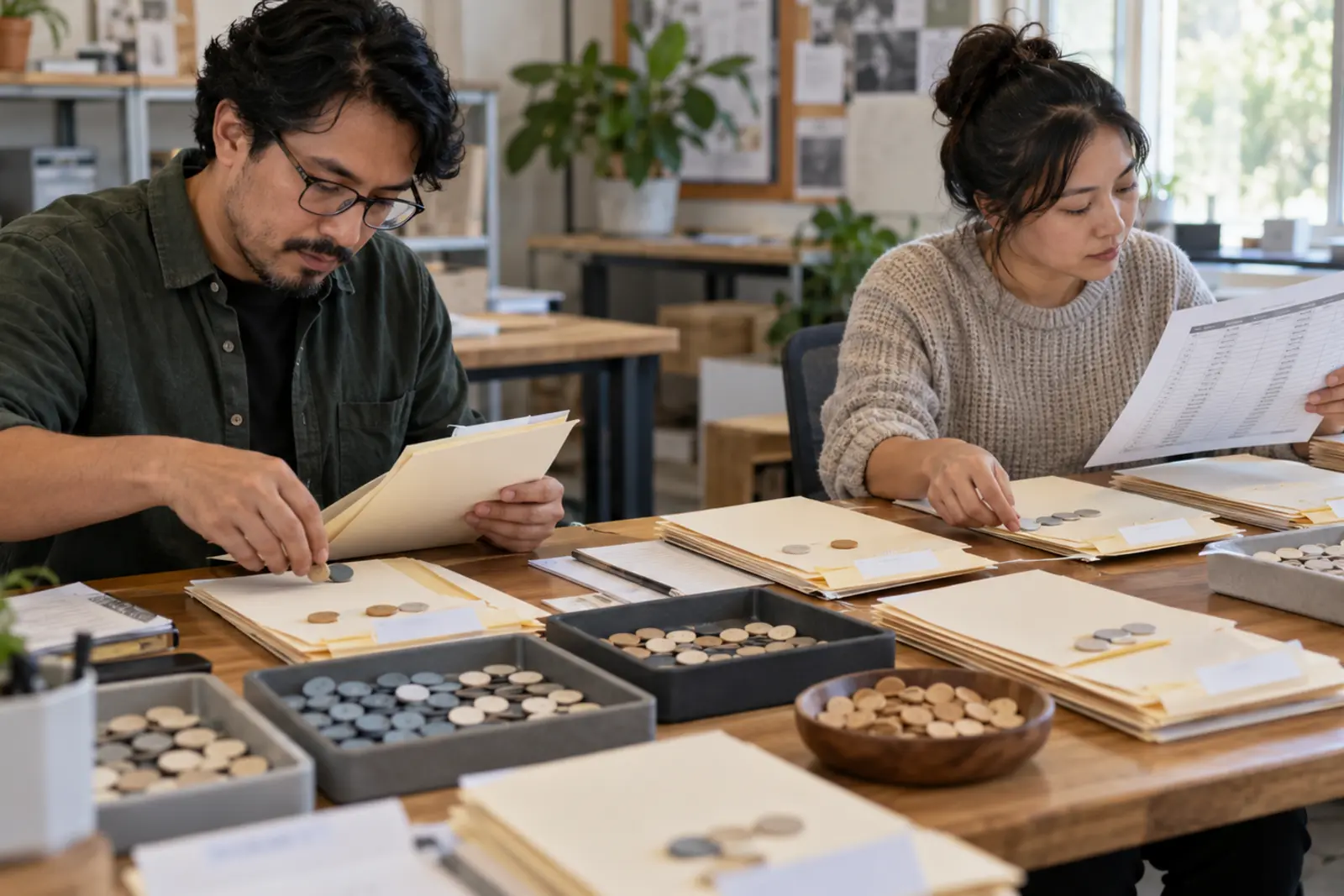 Two customer success analysts sort neutral point tokens into member folders and compare them with a printed user export.