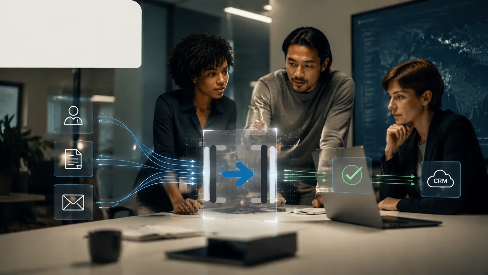 Three RevOps operators reviewing an AI-agent action as it passes through a controlled Gatewise decision gateway