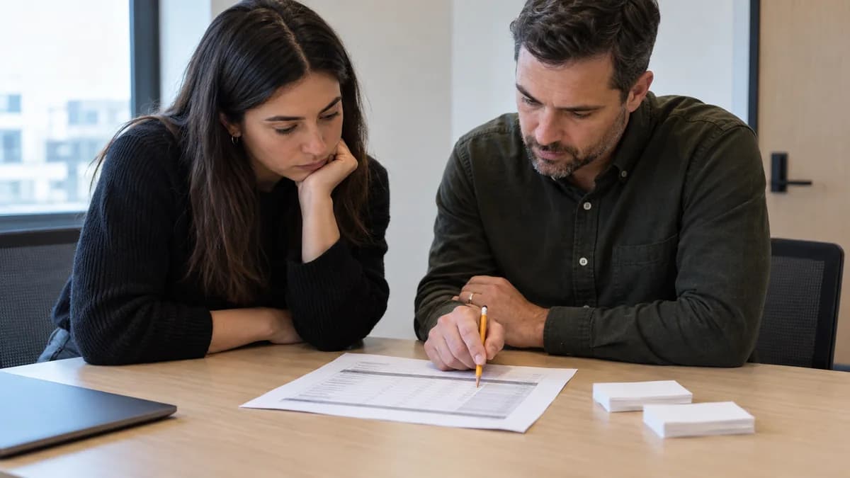 Two operations colleagues reviewing a printed AI resource allocation sheet and individual credit limits.