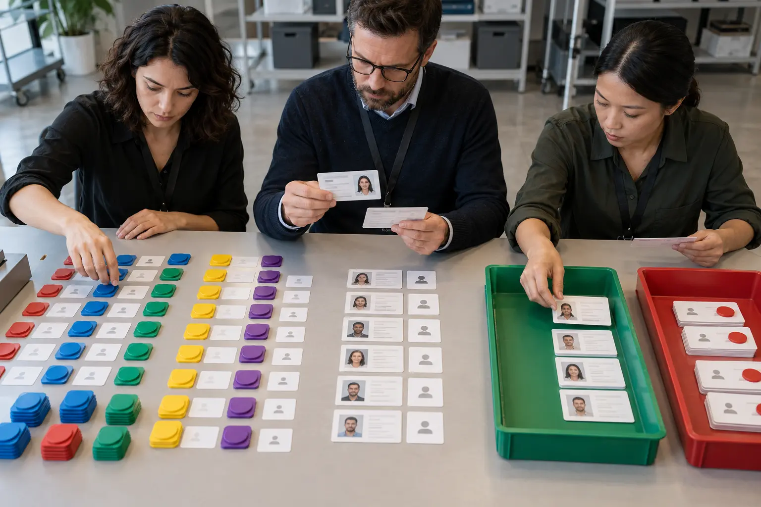 Data and lifecycle operators compare color-coded audience tokens with customer identity cards before placing verified records in a destination tray.