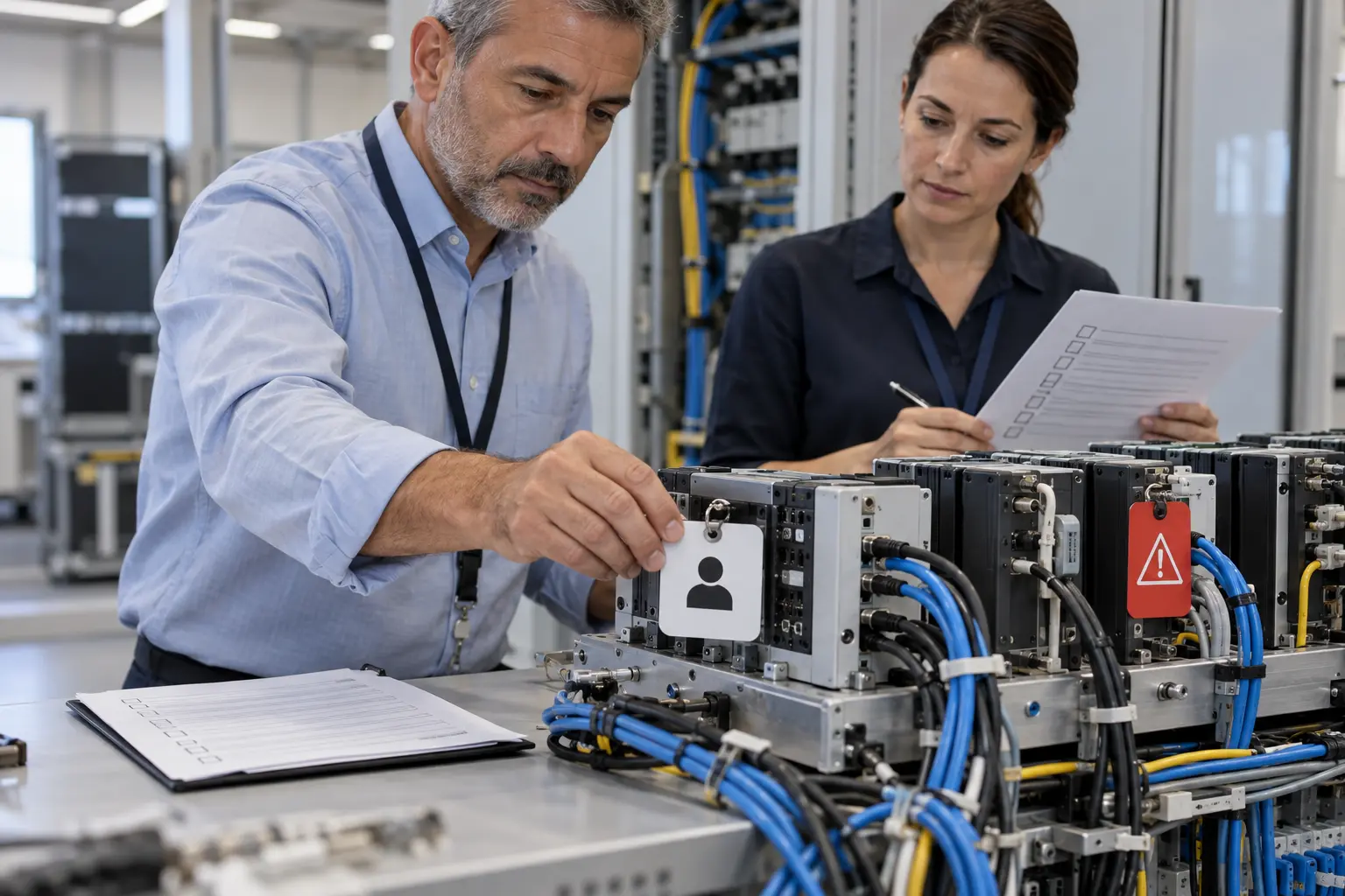 Two integration operations colleagues assign an owner badge to connected hardware modules while reviewing an activity checklist and warning tag.