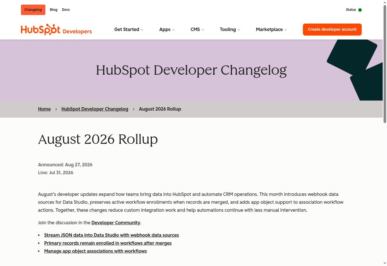 HubSpot developer changelog page for the August 2026 rollup