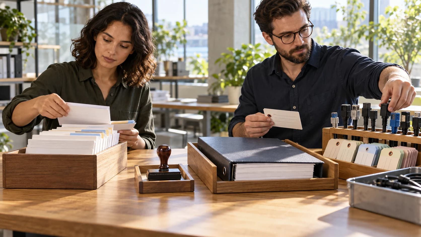 Two customer-operations colleagues sort article cards beside an approval stamp, a published binder and a rack of connector plugs.
