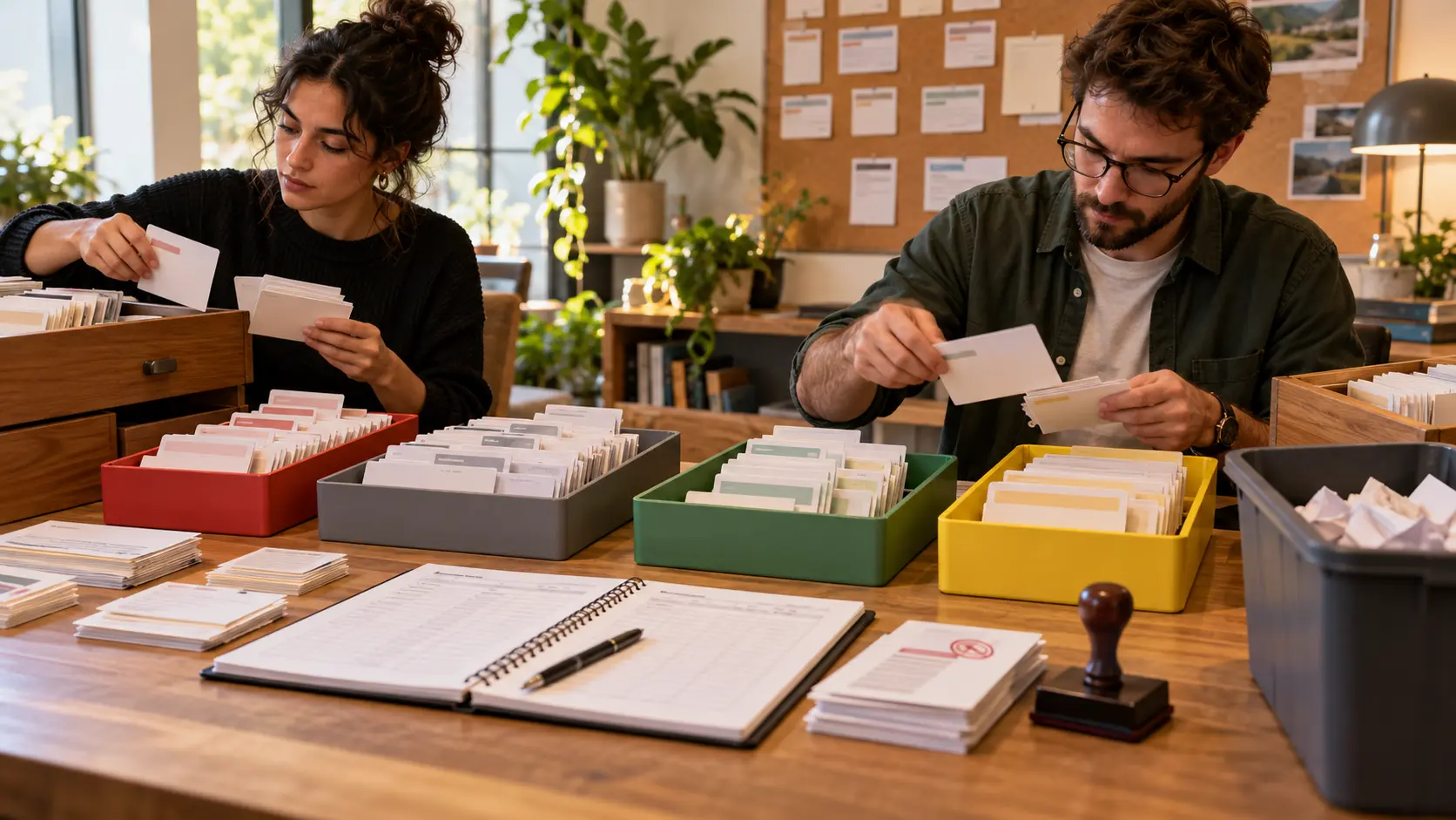 Two support operations teammates sort reply cards into red, gray, green and yellow review trays beside a policy ledger and retirement bin.