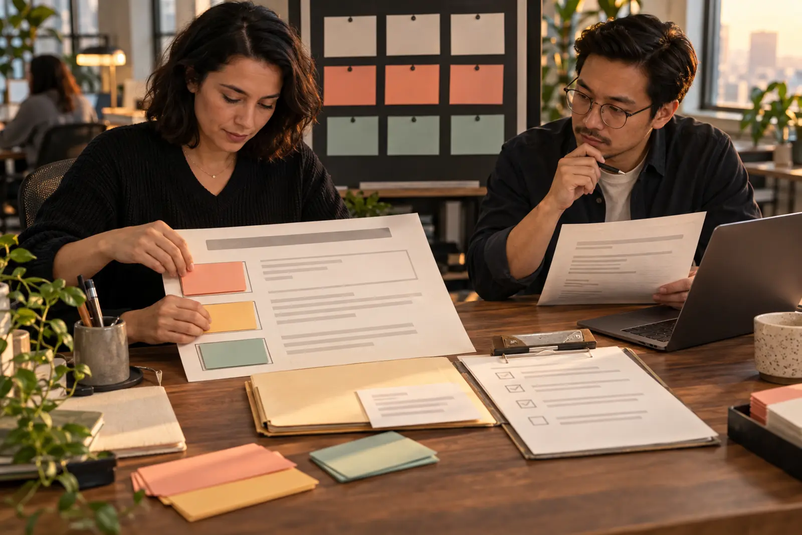 Two support operations specialists place colored information cards into a physical reply template beside a review checklist.