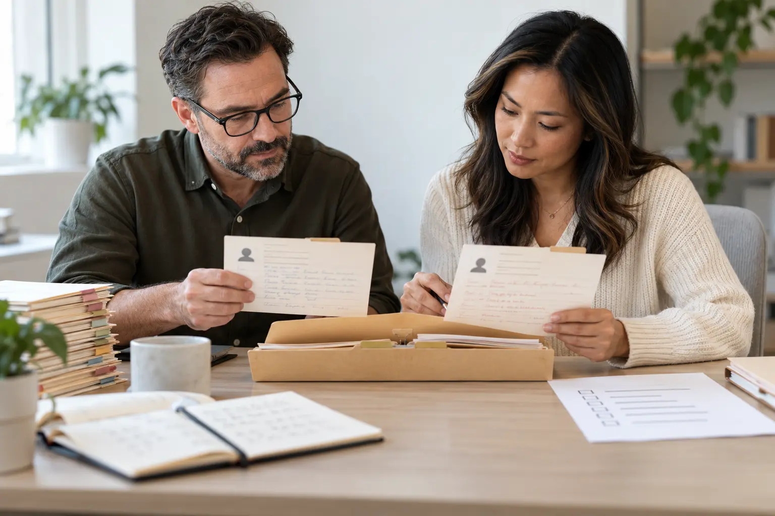 Two customer operations colleagues compare two paper profile cards before consolidating them into one master folder.