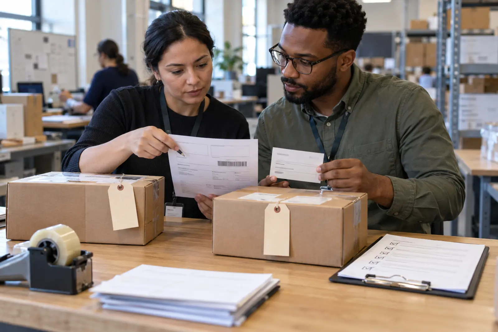 Two customer support operators compare an original parcel label with a replacement label and a customer-confirmation checklist.