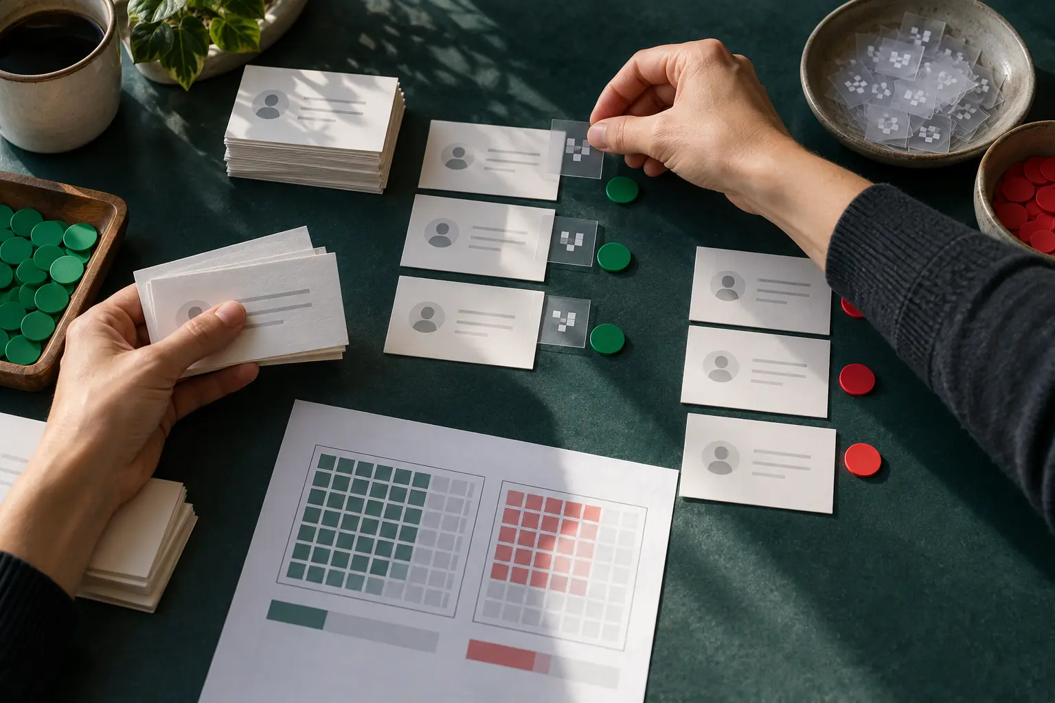 An overhead view of recipient cards being sorted into consented and non-consented groups beside tracking-pixel markers and a measurement grid.