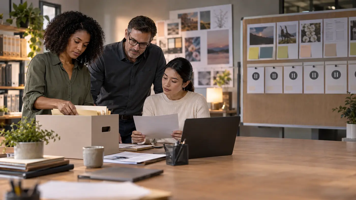 Editorial illustration of a marketing operations team pausing campaigns before archiving a folder.