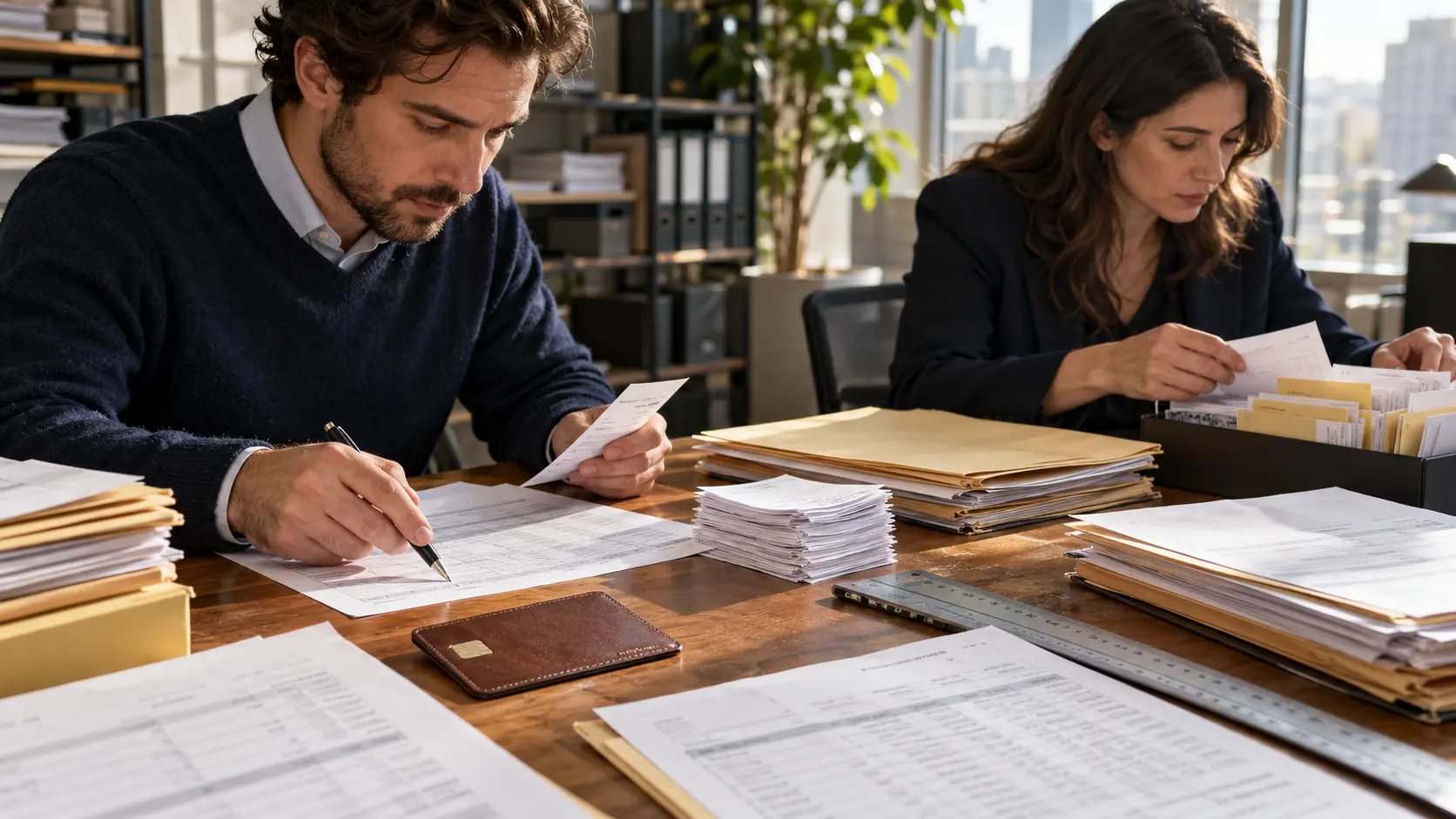 Two finance operations colleagues trace usage slips from a physical wallet-shaped product card through invoice papers into recurring-revenue folders and an exception tray.