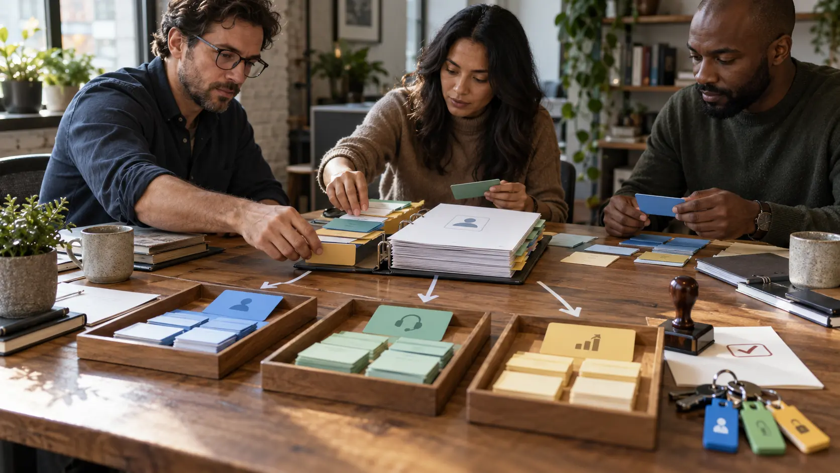 Three operations colleagues sort reusable sales, service and analytics cards from a central customer-record binder into governed work trays, with an approval stamp and permission keys.