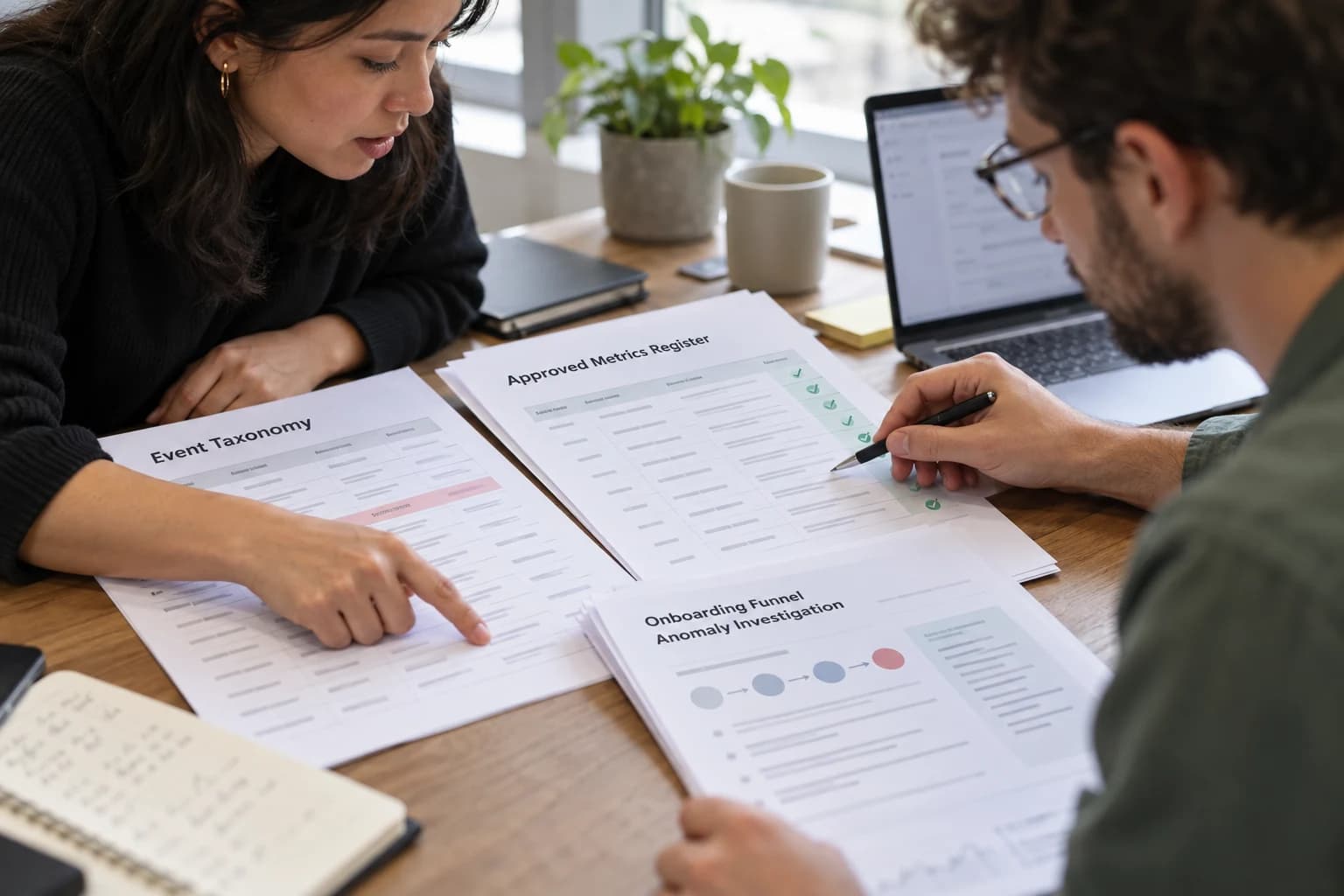 Two analysts compare an event taxonomy, an approved metrics register and an onboarding anomaly investigation at a table.