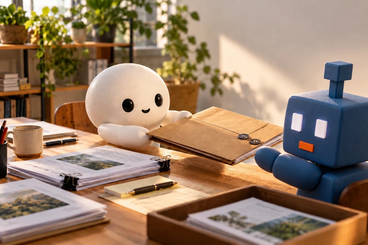 A small white Dot-like character hands a brown work folder across a desk to a blue Speedbot-inspired robot with an antenna, white rectangular eyes and an orange mouth.