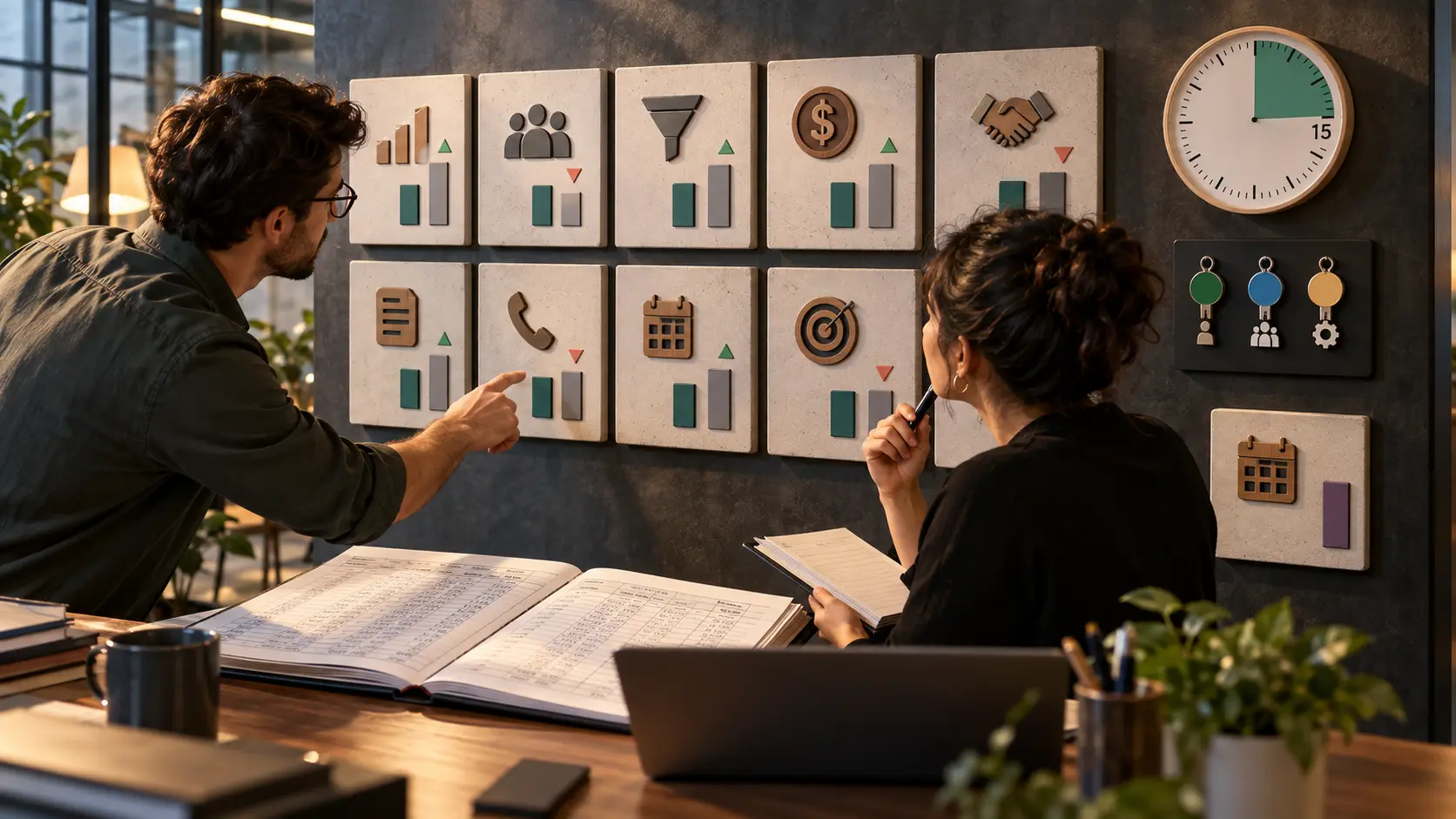 Two revenue operators compare ten physical metric tiles against a source ledger beside a fifteen-minute freshness clock and permission keys.