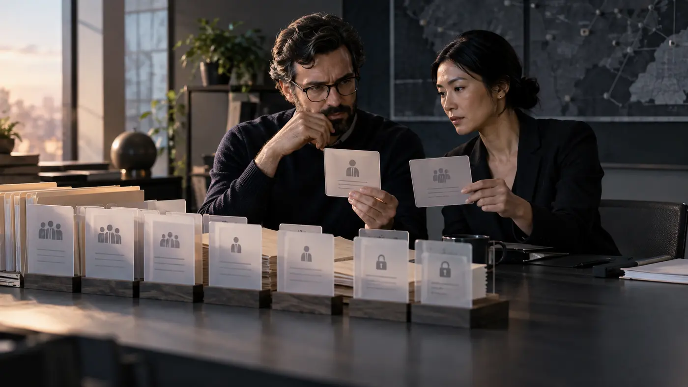 Editorial illustration of a product analytics team resolving layered access rules.