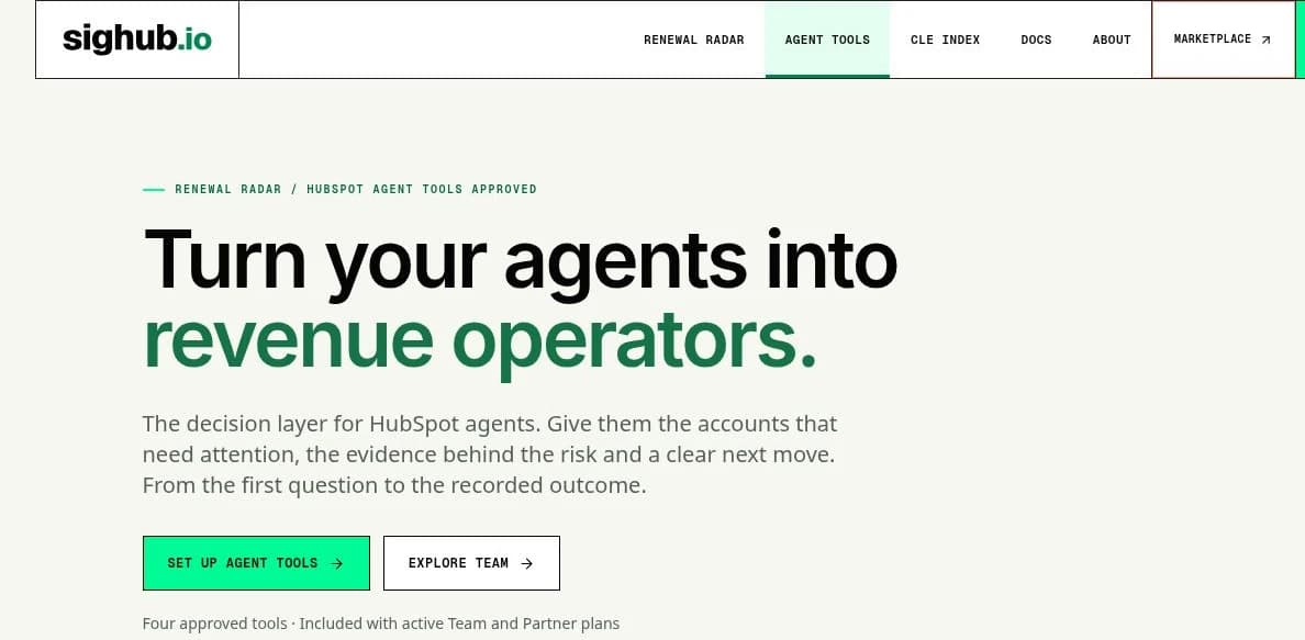 Sighub’s official Agent Tools page showing Renewal Radar’s HubSpot approval and its decision-layer proposition.