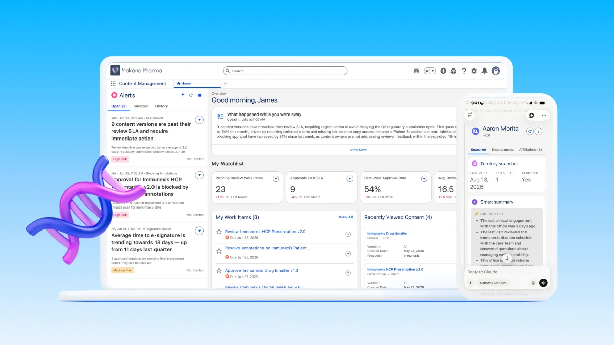 Official Salesforce illustration showing life-sciences content management and mobile customer context