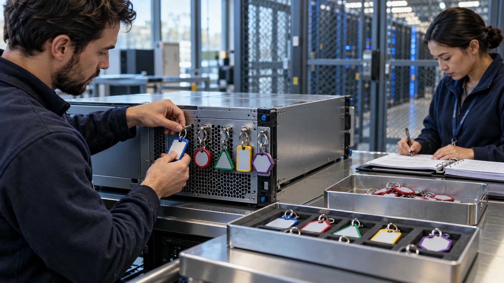 A data-center technician assigns differently shaped identity key tags to one service machine while a colleague records the registry and a separate revocation tray remains visible.