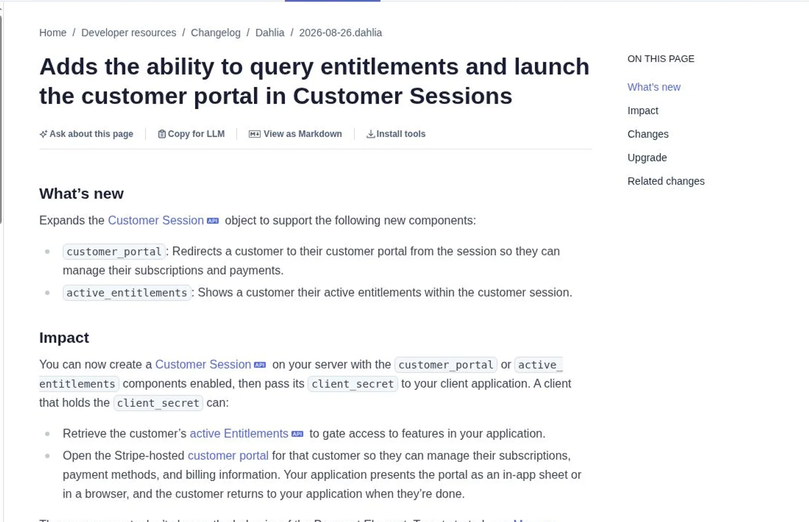 Official Stripe Docs changelog page for Customer Session portal and entitlement additions in the 2026-08-26.dahlia release