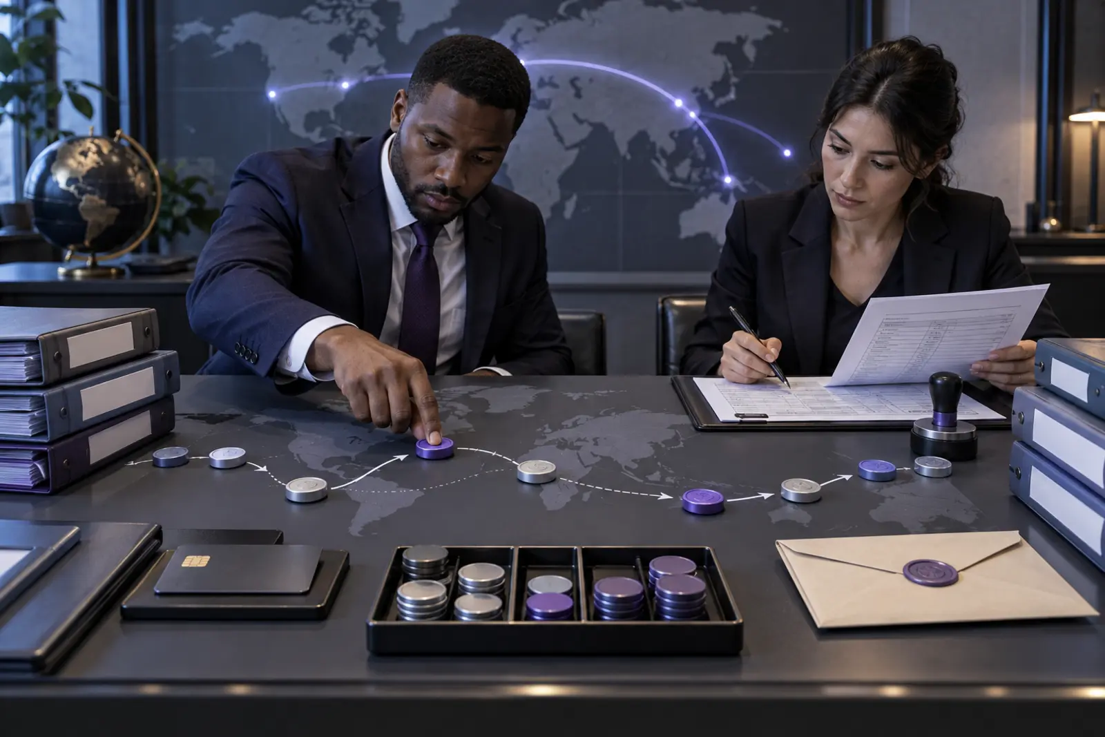 Two finance operations professionals trace token-like settlement pieces across a world map while reconciling a paper ledger.