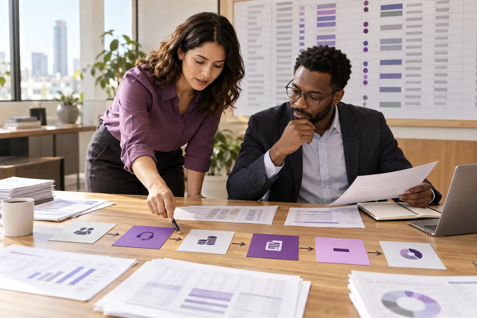 Two revenue operations professionals trace colored usage tokens from a transaction ledger to commitment envelopes on a worktable.