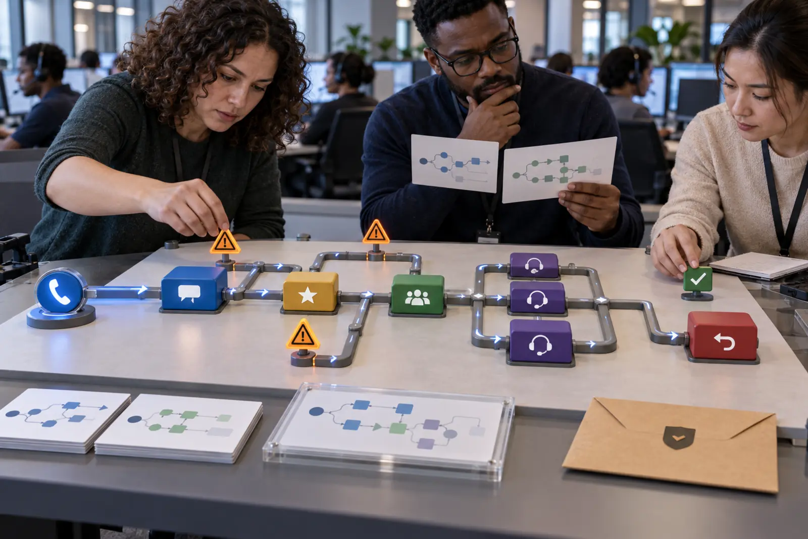 Three contact-center operations specialists validate a physical call-routing model with branch warnings, version cards and rollback controls.