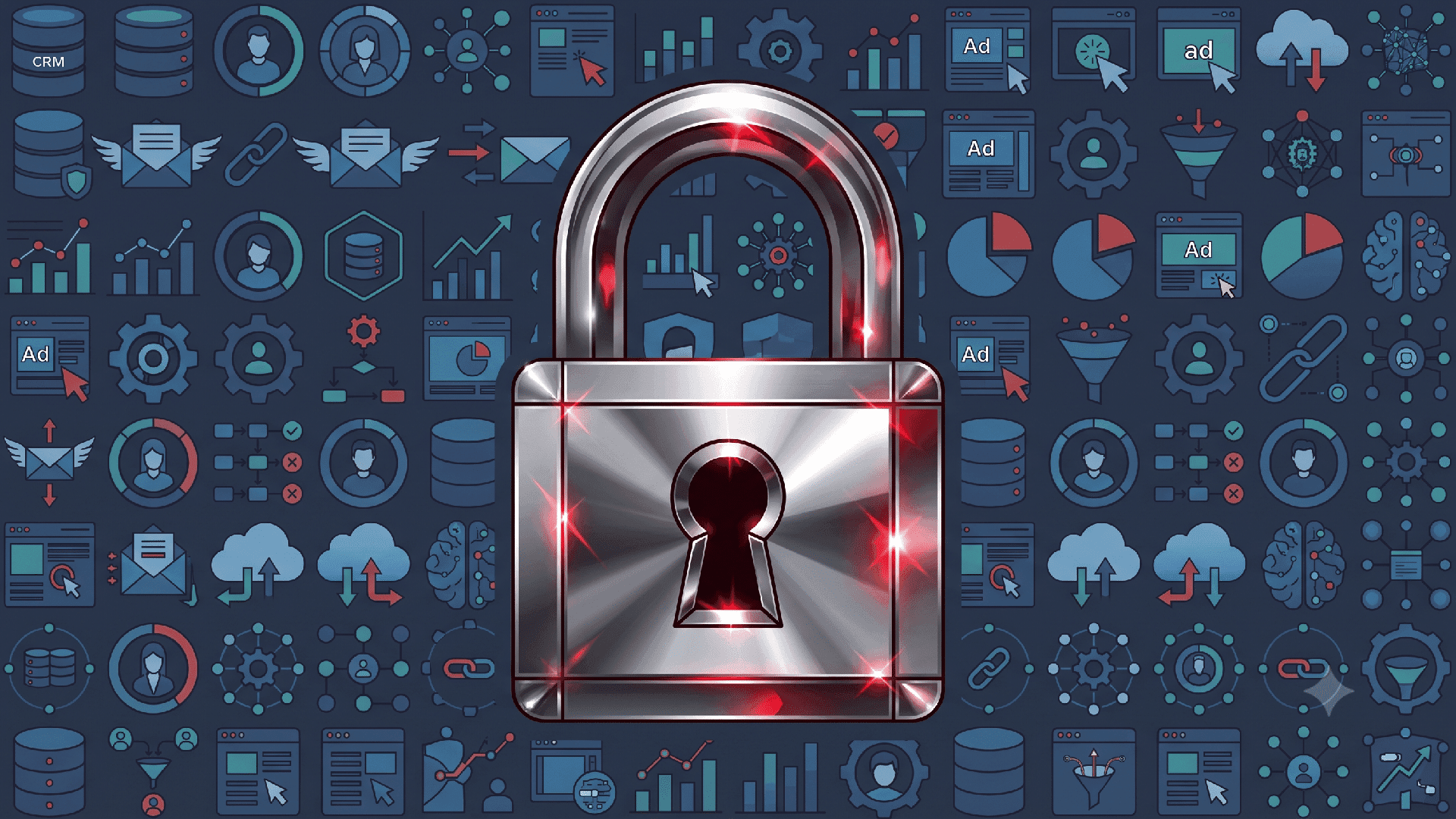 MarTech source artwork showing a silver padlock among connected data and technology icons
