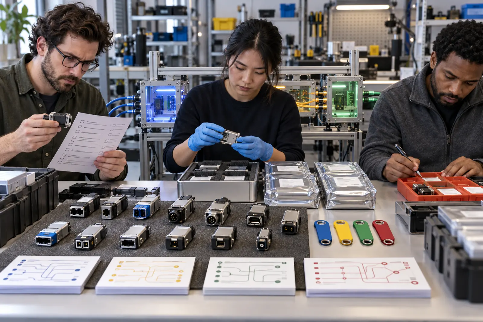 Three integration operators inspect physical connector modules, permission keys, schema cards and a staged test rig on a workshop bench.