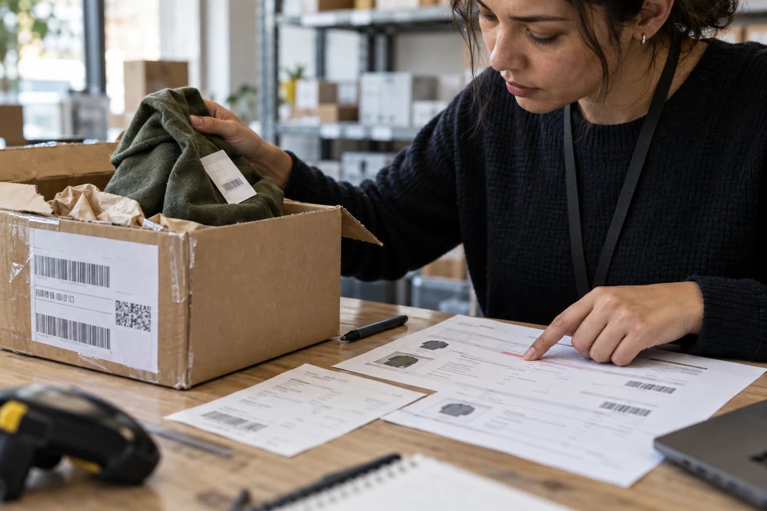 A support worker compares a returned garment in an open parcel with printed order and return documents at a desk.